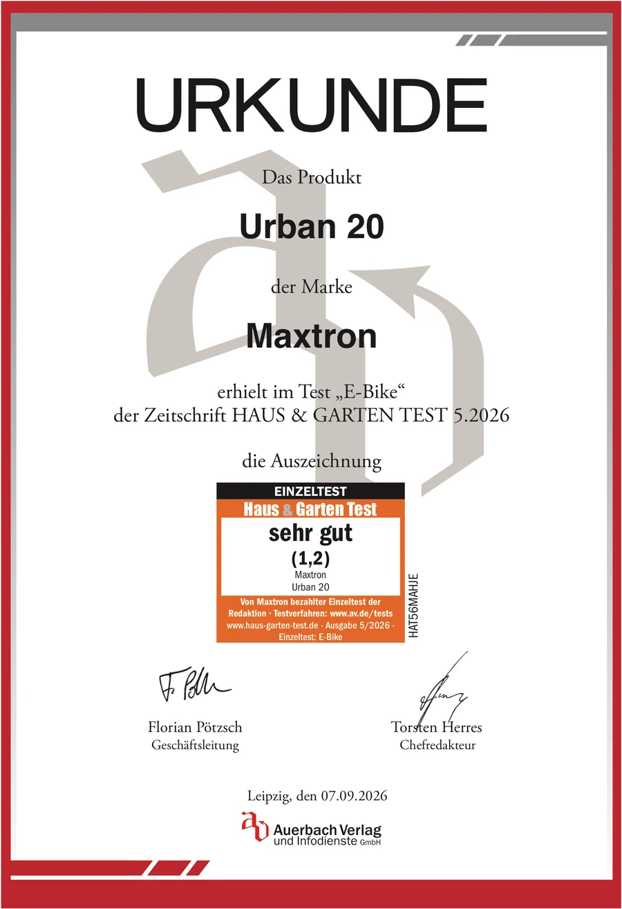 Urkunde Haus und Garten Test: Maxtron Urban 20 mit der Note sehr gut (1,2)