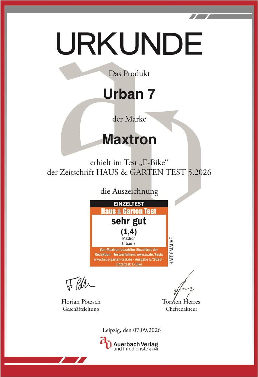Urkunde Haus und Garten Test: Maxtron Urban 7 mit der Note sehr gut (1,4)